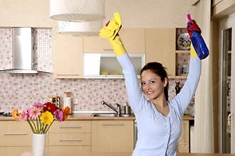 Happy beautiful women after cleaning the house