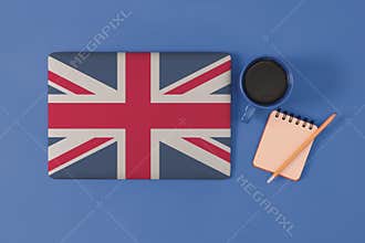 Laptop with cup of coffee and stationery on blue background, flat lay. Learning English