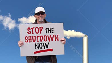 American worker with cap and sunglasses in Corona Covid-19 lockdown protest.
