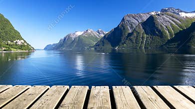 Wood Texture and Beautiful Summer Landscape Background with Norwegian Fjord, Mountains and Blue Sky