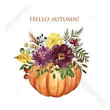 Watercolor pumpkin arrangement with fall flowers and foliage on white background. Autumn floral bouquet illustration