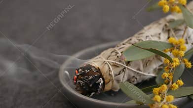 Dried white sage smudge stick, relaxation and aromatherapy. Smudging during psychic occult ceremony, herbal healing