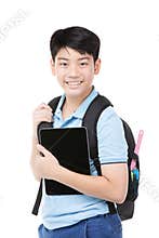Cute asian child with school stationery on white background