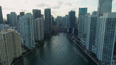 Miami Aerial View Buildings Boats Miami River Brickell and Down Town