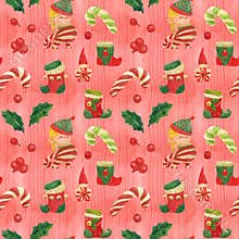 Christmas Elves Story seamless pink watercolor pattern with girl elf and candy canes