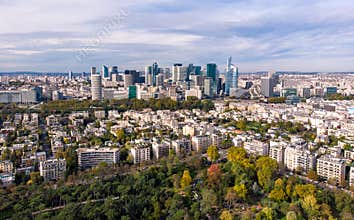 FRANCE, PARIS - OCT 2019: Aerial shot of financial and business district of La Defense, Paris. Skyscrapers skyline