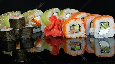 Wooden bamboo Chinese chopsticks put colored sushi rolls and ginger on a mirror surface against a black background