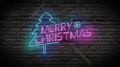 4K. Merry Christmas shiny neon lamps sign glow on black brick wall. colorful sign board with text Merry Christmas