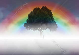 Old man soul journey, Bright light from heaven, rainbow bridge, Way, path to God