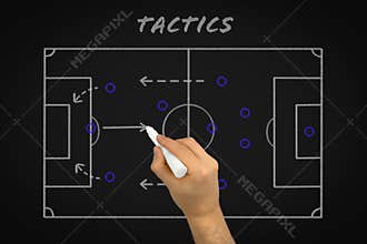 Hand of sports football coach explaining soccer match tactics and formations on chalk blackboard