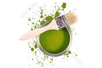 Green paint can with brush and color stains