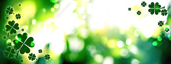 Beautiful clover leaves on green background. St Patrick`s day