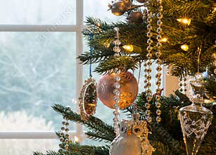 Decorations on christmas tree detail