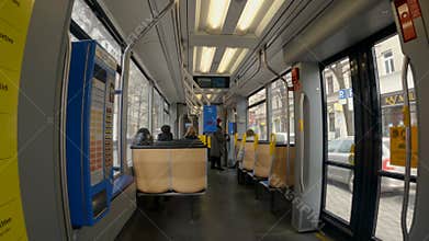 Munich. Germany. Interior of streetcar in Munchen Deutschland. Inside tram with blue seats in Muenchen. Public