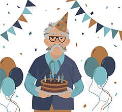 an elderly man in a festive cap holds a cake. Birthday, holiday, old person