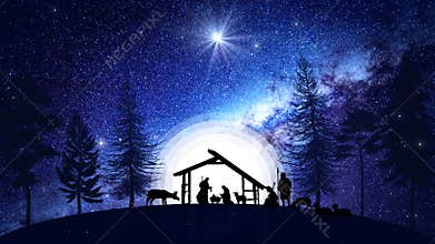 Christmas Nativity Scene animation with real animals and trees on starry sky