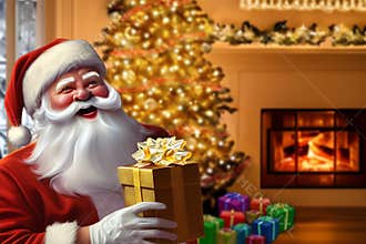 Presents from jolly Santa with gifts under Christmas tree in background and cozy fireplace. Digital painting illustration.