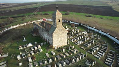 Aerial view of Roman Basilica on a Hill and Cemetery Fortress Gârbova Transylvania Romania