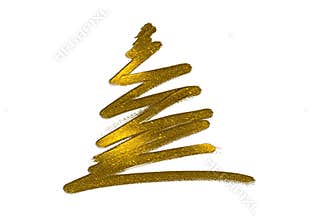 Hand drawn golden glitter oil brush stroke Christmas tree with star isolated on png or transparent background. Graphic