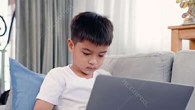 4K, Close up handsome boy Asians are studying online with laptop computers on the sofa in the living room of their homes. with the