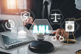 AML, Anti Money Laundering Financial Bank Business Concept, Male judge in a courtroom with AML anti money laundering icon on vr