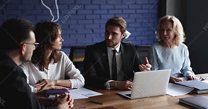 Business partners solving business, discuss cooperation participate in meeting