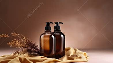 Amber glass pump bottle on satin cloth podium Beige Background. Display Background.