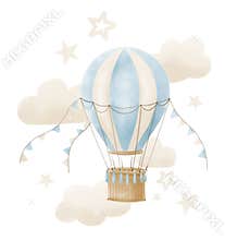 Hot Air Balloon with stars and clouds. Watercolor hand drawn illustration for Baby design in cute pastel blue and beige