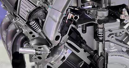 Close up view of cut section of Automotive Internal combustion engine details