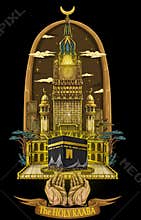 vector illustration of the Kaaba in Mecca, with praying hands and decorated with amazing illustrations
