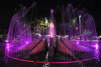 pucallpa peru, plaza de armas with illuminated water fountain