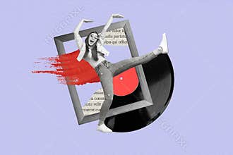Collage of young woman dance boogie woogie listen retro music vinyl plate photo zone borders portrait concert isolated