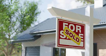 Pan and Zoom of For Sale Real Estate Sign in Front of New House. Generative AI image used. No property release needed