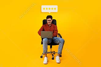 Businesssman Using Laptop Approving Website With Five Star Review, Collage