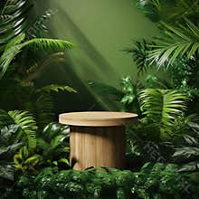 Tropical garden with pedestal for display. Wood podium in tropical forest for product presentation.
