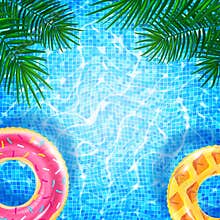 Swimming pool with floating ring, caustic ripple and sunlight glare effect. Aquatic surface with waves background, tropical leaves