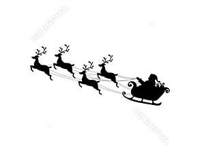 Santa Claus flying with reindeer sleigh Black Silhouette Symbol of Christmas