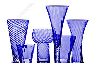 Blue glasses, various shapes, white background, home related