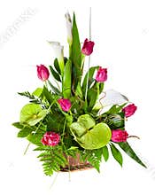 Bright flower bouquet in basket