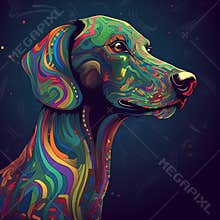Vector illustration of a dog with abstract colorful pattern on a dark background
