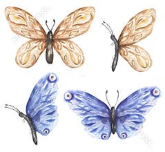 Delicate beige and blue butterfly Clipart Set, Watercolor Insects illustration, Butterflies clip art, Wedding Invitation, Logo
