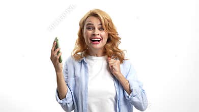happy woman expressing positive emotions celebrate success, being successful