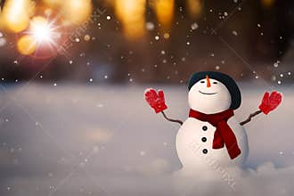 Happy snowman in sunrise winter landscape during snowfall on Christmas morning. Happy Winter holiday mood background