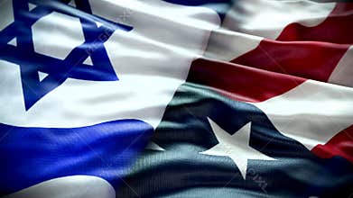 USA and Israel Flag, close up. Waving USA and Israel Flag, background. Wavy American and Israeli Flags flapping in wind