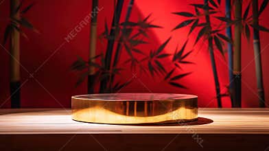 Golden podium on red background. Luxury pedestal for product presentation.