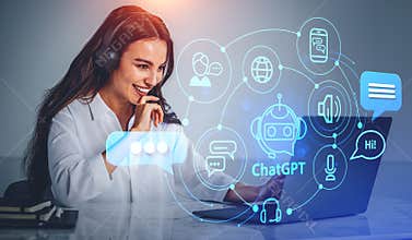 Businesswoman using laptop and ChatGPT helpdesk, smart technolog