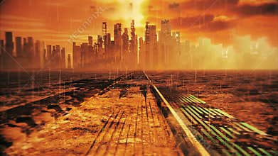 Road to desolate city. Apocalyptic landscape