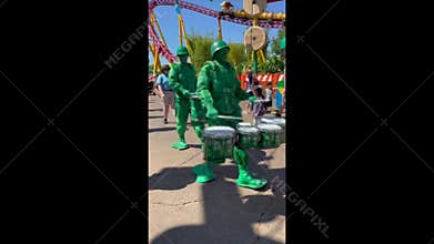 Toy Story Green Army Men Playing Percussions at Hollywood Studios, Orlando, Florida