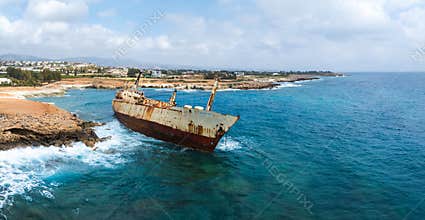 Aerial View of Edro III Shipwreck Near Cyprus Coastline