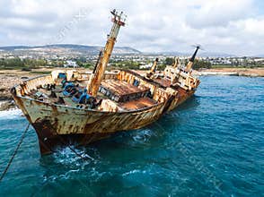 Aerial View of Edro III Shipwreck Near Cyprus Coastline